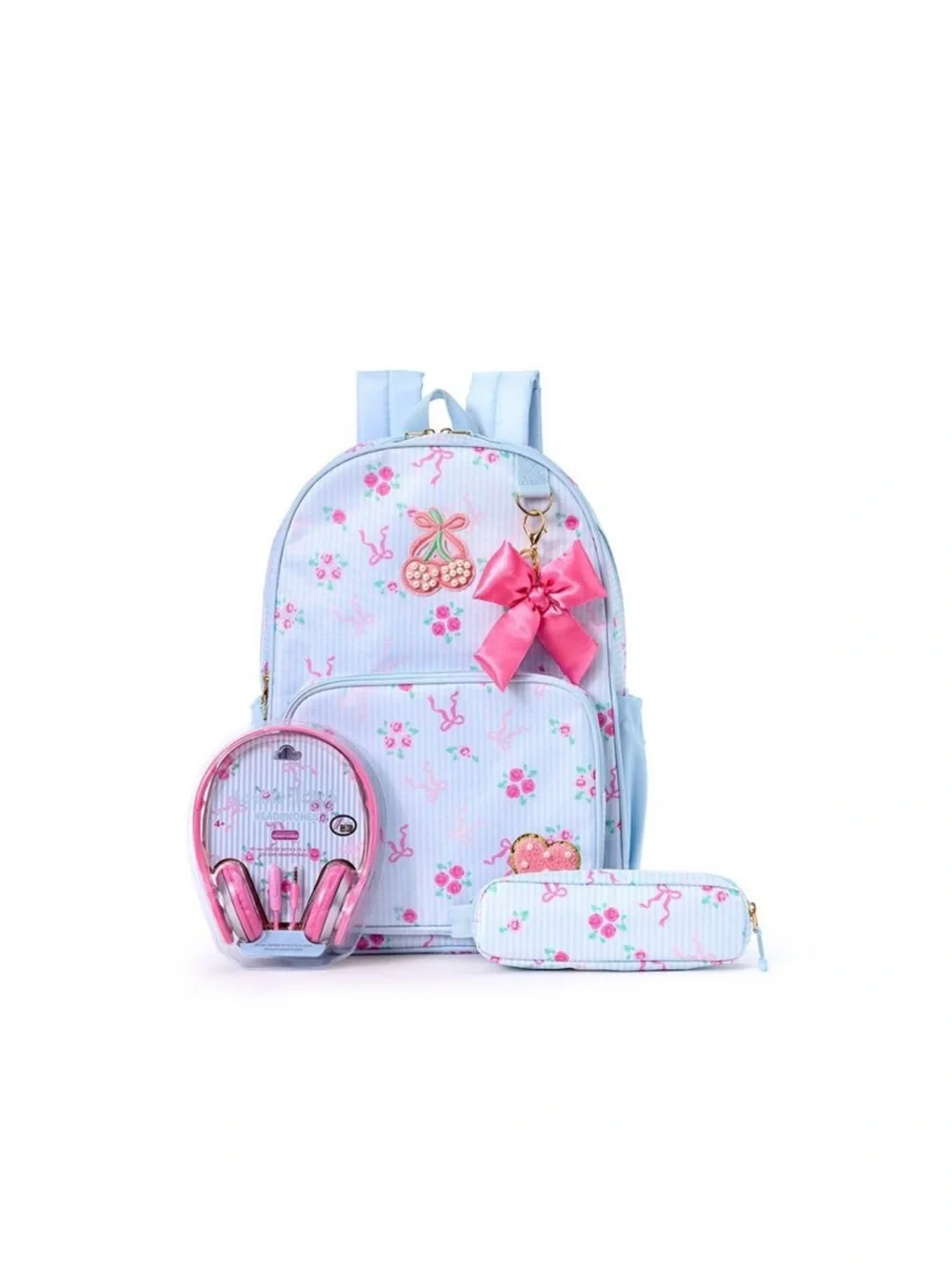 Kids Light Blue Floral Backpack Set with Headphones and Pencil Case